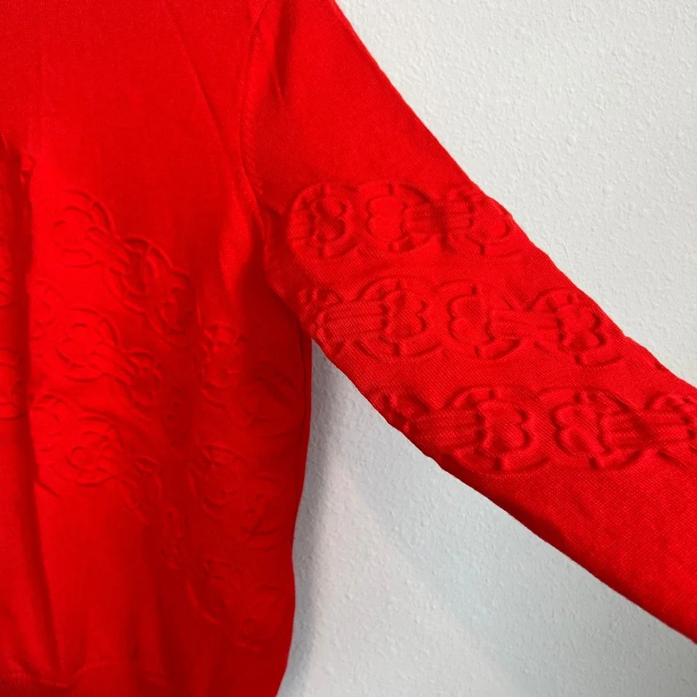 Tory Burch Gemini Red Merino Wool Turtleneck Sweater Textured‎ Monogram Red XS